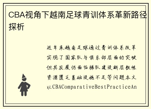 CBA视角下越南足球青训体系革新路径探析