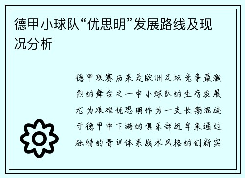 德甲小球队“优思明”发展路线及现况分析